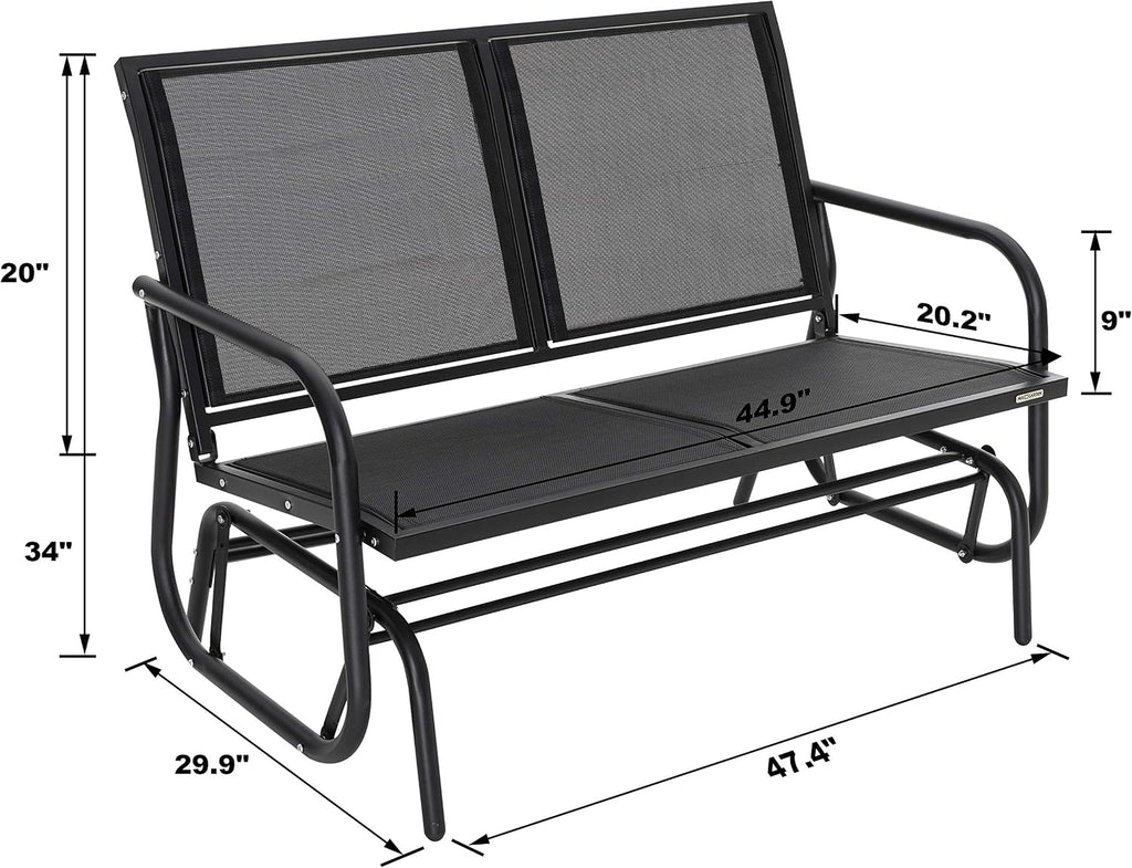 NUU GARDEN Porch Glider Heavy Duty 529 LBS, Iron Patio Glider Chairs Bench, 2-Seater for Backyard, Poolside, Garden, Black