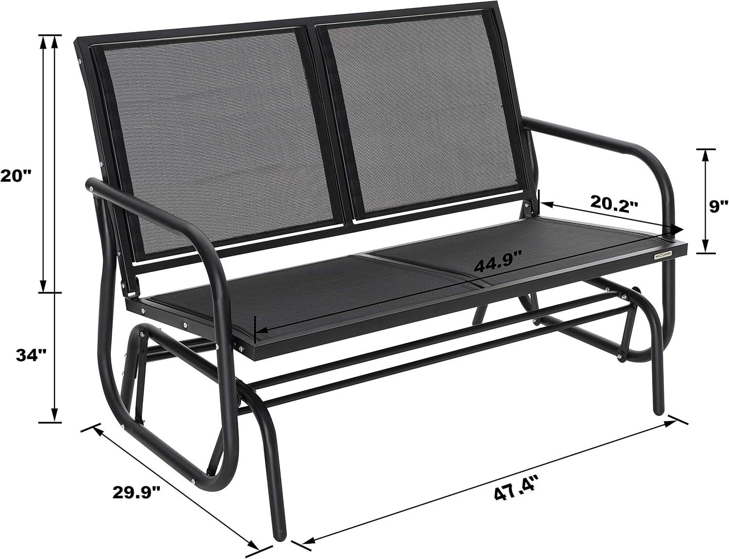 NUU GARDEN Porch Glider Heavy Duty 529 LBS, Iron Patio Glider Chairs Bench, 2-Seater for Backyard, Poolside, Garden, Black