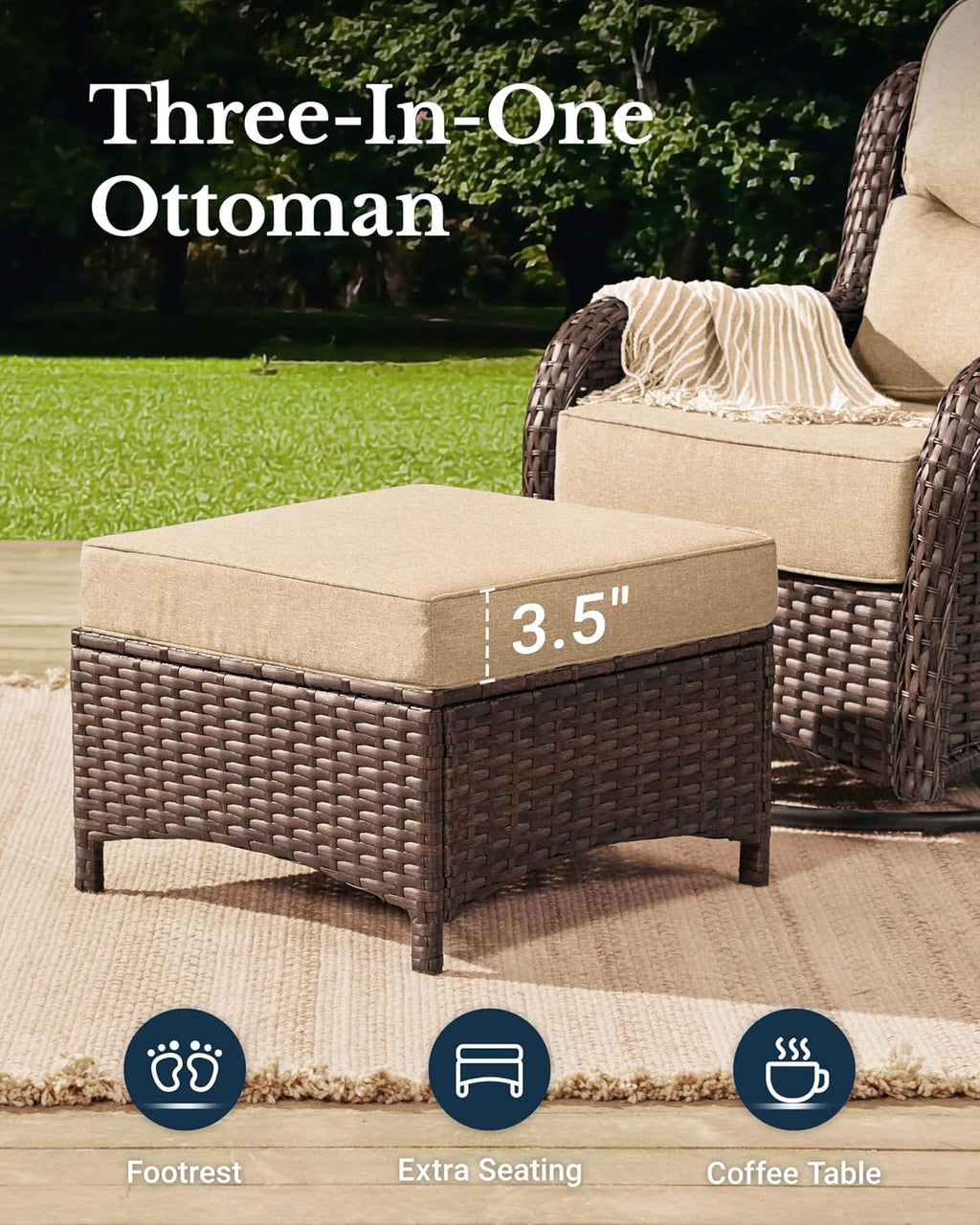 HILLGA Luxury Outdoor Swivel Rocker Patio Chairs of 2 with 6 Inch Thick Cushions and Side Table, Swivel Outdoor Chairs 5PCS High Back Wicker Patio Furniture Set for Porch, Balcony, Deck in Beige