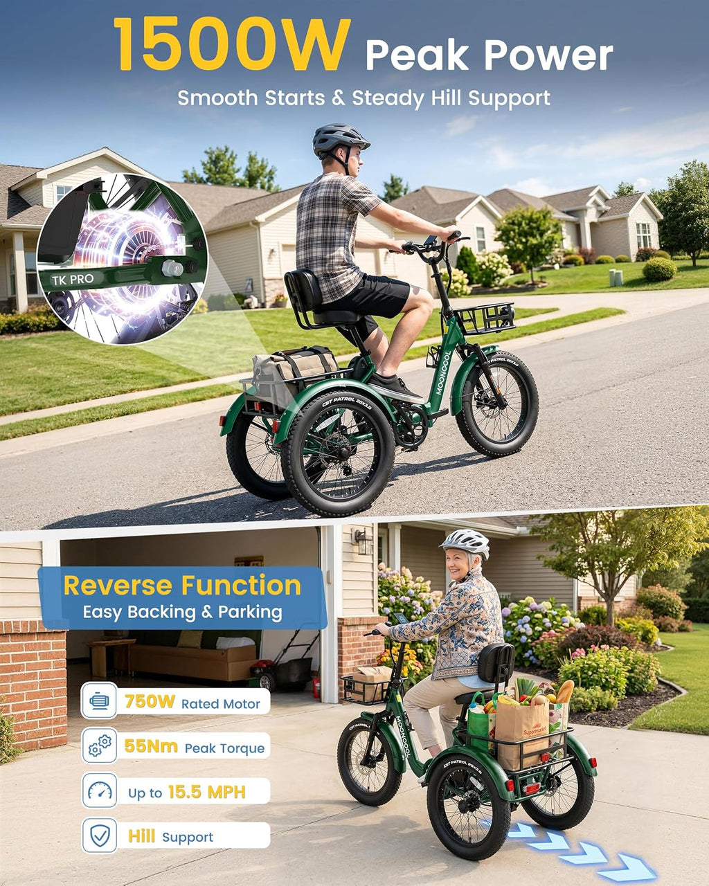 MOONCOOL Electric Trike for Adults, 500W/750W 48V Electric Tricycle for Adults, 20'x3.0' Fat Tire 3 Wheel Electric Bike, Folding Aluminum Adult Tricycle with Removable Battery