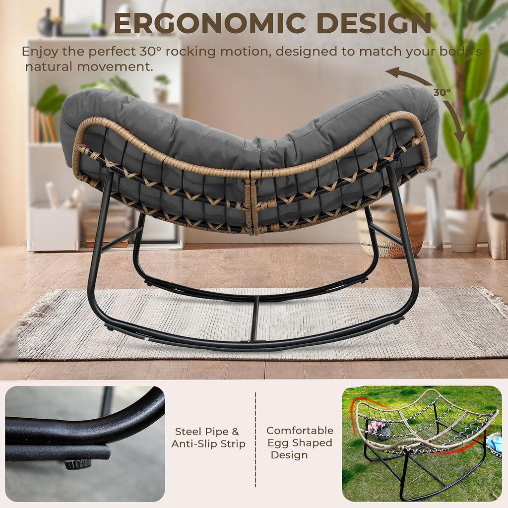 Papasan Rocking Chair for Outdoor & Indoor, Oversized Patio Rocking Chair with Cushions & Steel Frame, Wicker Egg Lounge Chair, Comfy Reading Chair for Patio, Deck, Porch (Grey, Style 2)