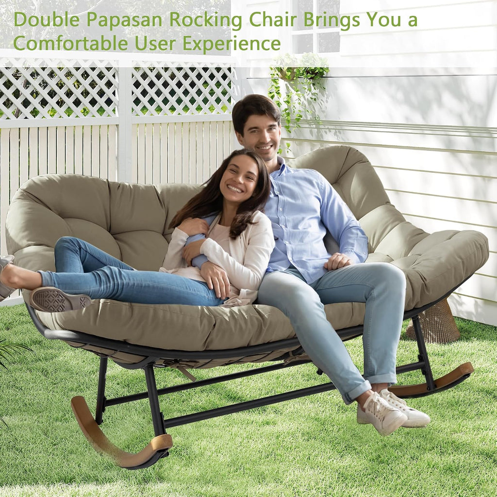 Double Papasan Rocking Chair Outdoor & Indoor, 660LBS Capacity Oversized Patio Rocking Chair for 2-Person with Thick Cushion and Frame,Egg Rocking Chair for Garden, Deck, Living Room,Brown