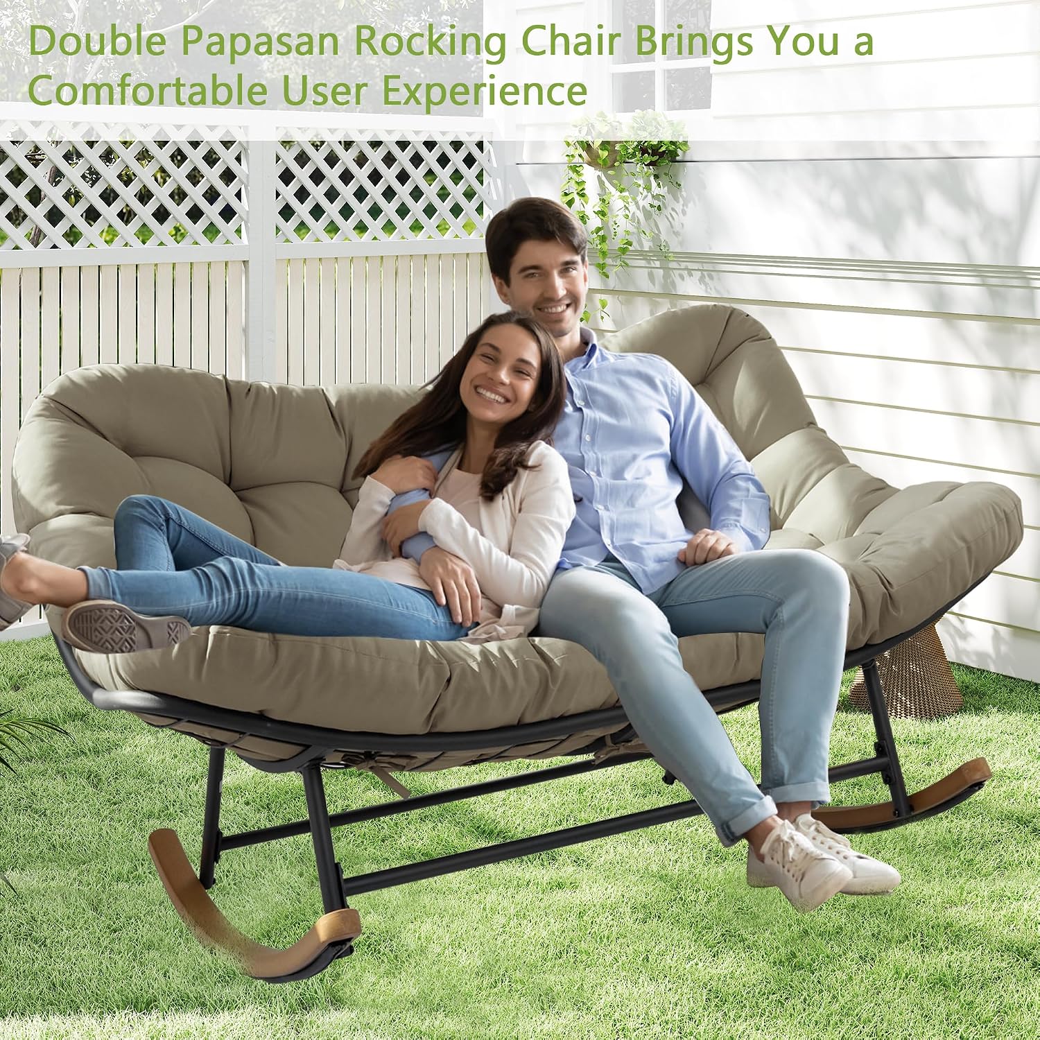 Double Papasan Rocking Chair Outdoor & Indoor, 660LBS Capacity Oversized Patio Rocking Chair for 2-Person with Thick Cushion and Frame,Egg Rocking Chair for Garden, Deck, Living Room,Brown