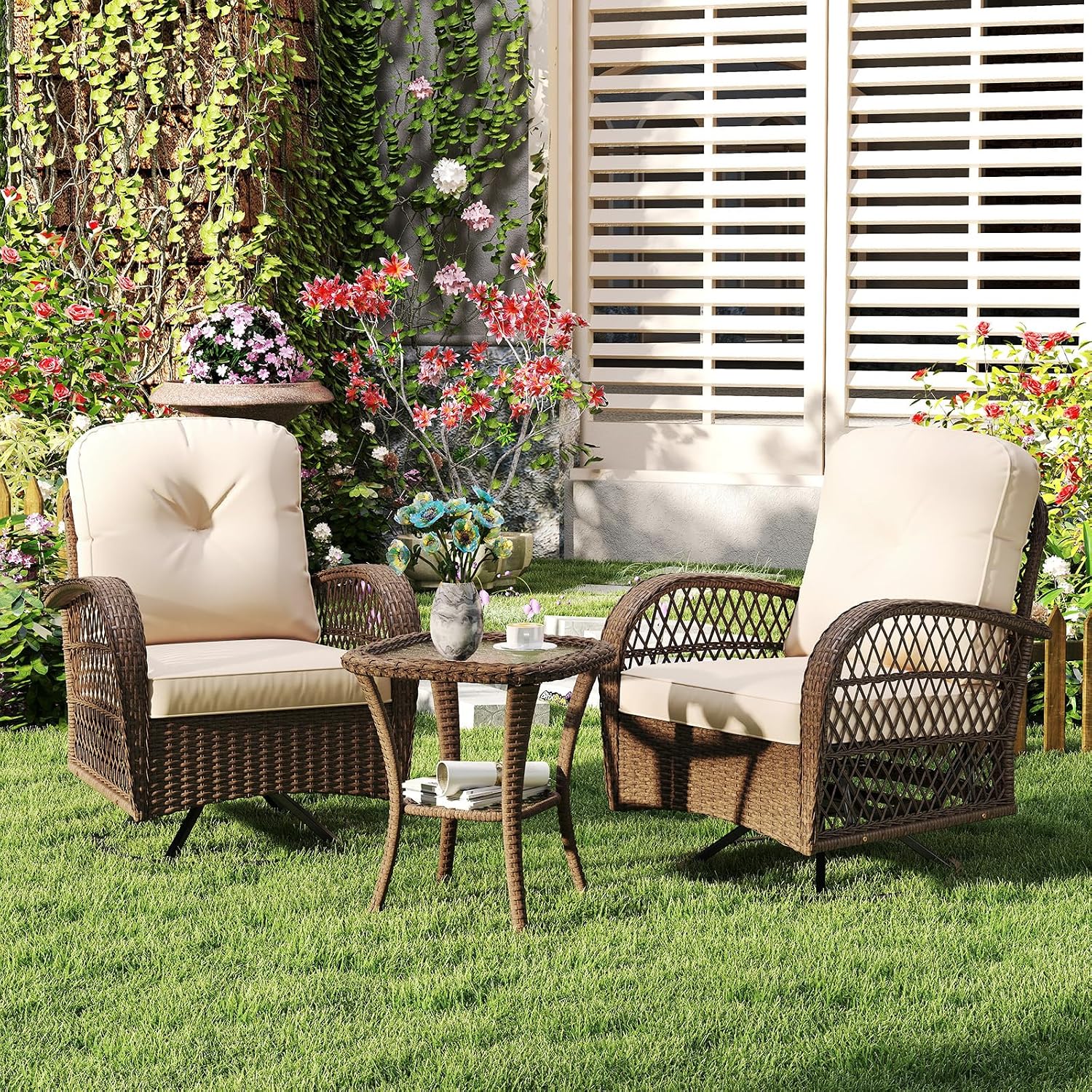 Tangkula 3 Piece Patio Swivel Rocker Set, 2 Outdoor Wicker Rocking Chairs with Tempered Glass Side Table, Outside Gliding Bistro Furniture Set with Thick Cushions for Porch, Yard, Balcony (Beige)