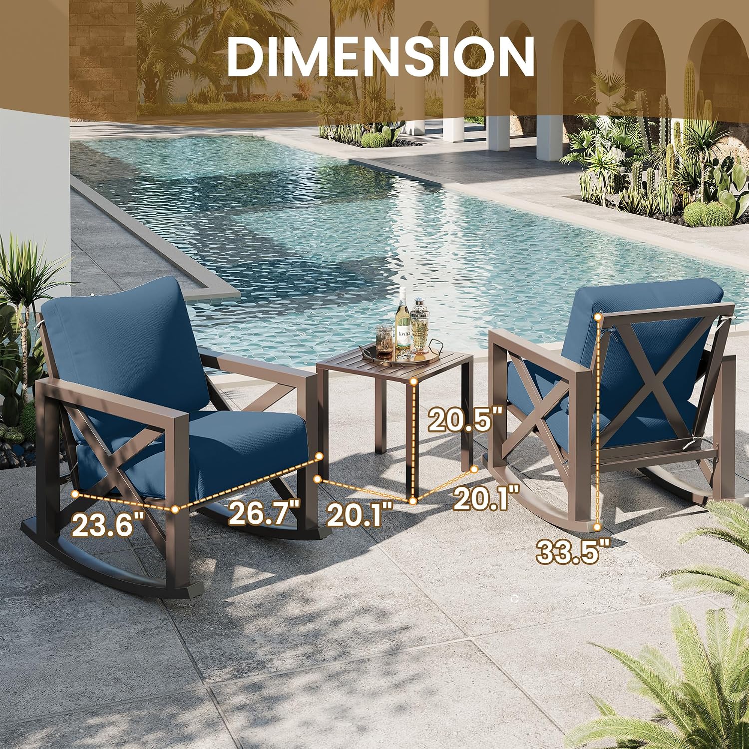 UDPATIO Rocking Chair Outdoor Set 2 with Coffee Table, 3 Piece Metal Rocking Bistro Set with 6.5' Water-Resistant Cushions, Oversized, 350lbs Heavy-Duty, for Porch, Patio, Balcony, Navy