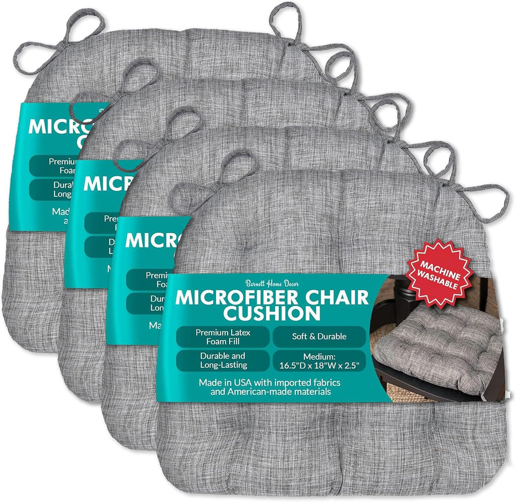 Barnett Home Decor Hayden Dining Chair Cushions with Ties, 16.5 x 18 Inches, Pack of 4 – Machine Washable, Made in USA, Reversible with Plush Latex Foam Fill for Comfortable Seating – Grey (Gray)