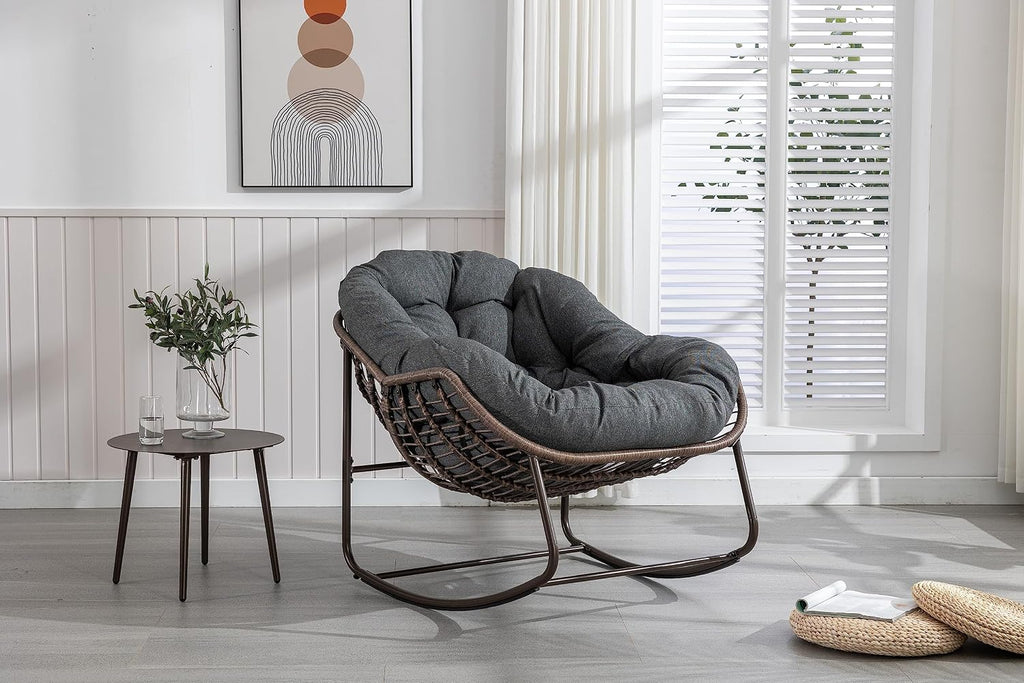 Ball & Cast Outdoor Patio Rocking Chair,Oversized Papasan Egg Chair with E-Coated,Padded Cushion,Recliner Chair for Indoor, Front Porch, Garden, Patio, Backyard,Grey