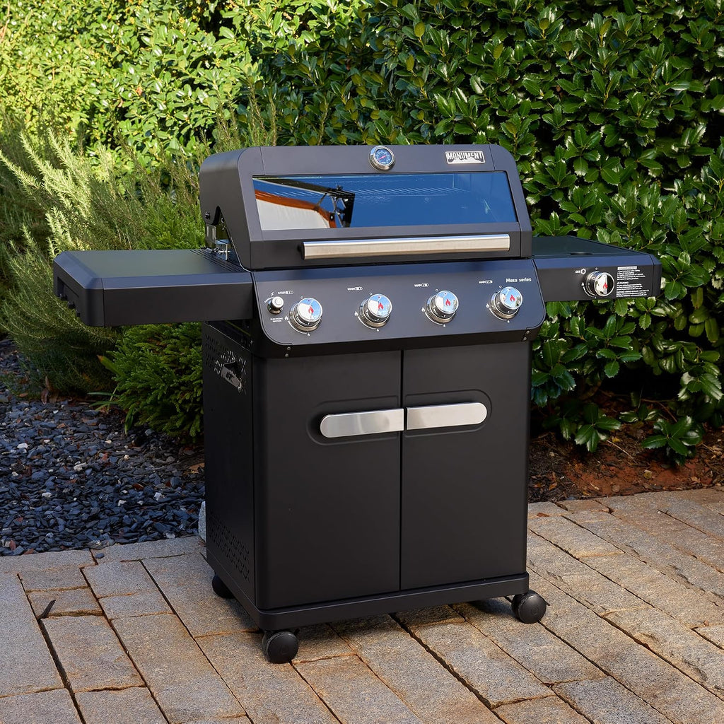 Monument Grills Mesa Series, Outdoor Barbecue Stainless Steel 4 Burner Propane Gas Grill, 52,000 BTU Patio Garden Barbecue Grill with Side Burner and Knob Controls, Mesa425 with BBQ Cover