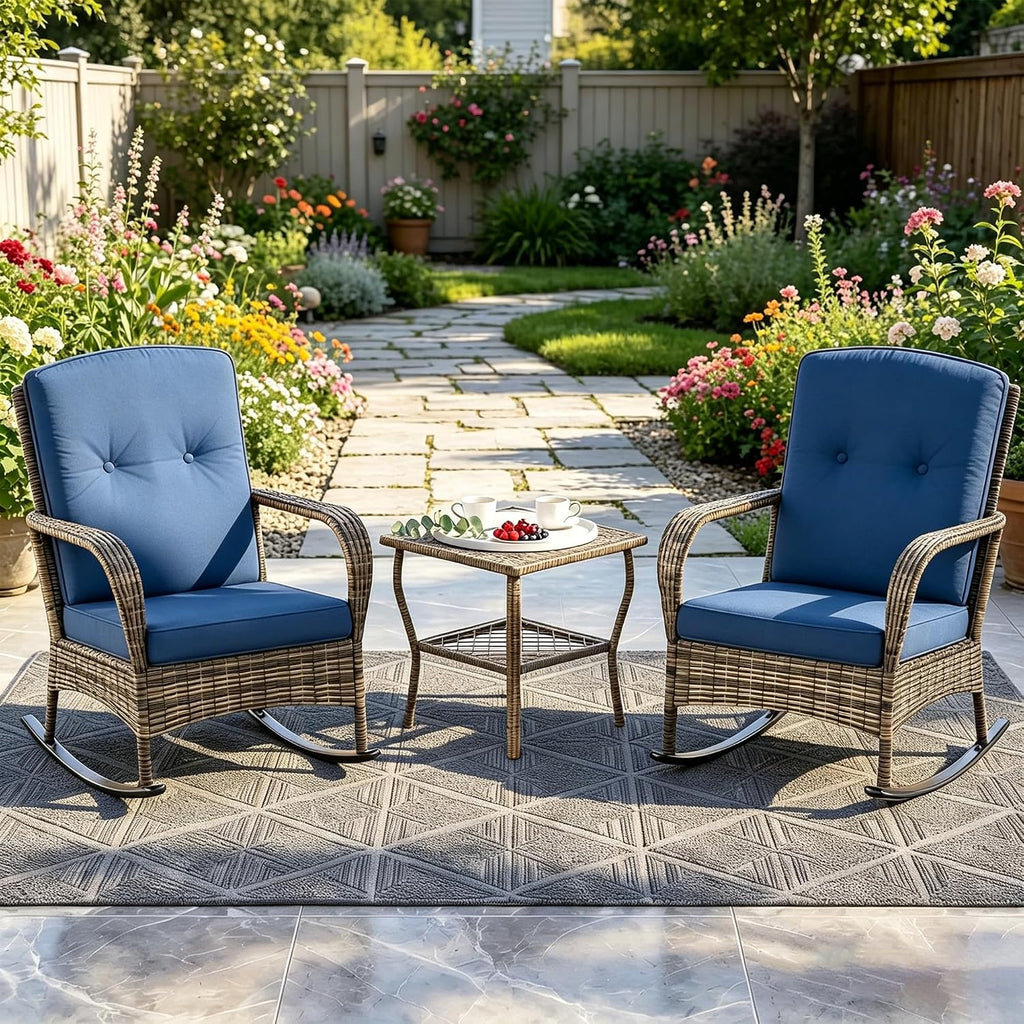 DECMICO 3 Pieces Rocking Bistro Set, Wicker Outdoor Rocking Chair with Washable Cushions, Rattan Rocking Chairs with Rattan Table, Outdoor Wicker Chair for Patio Backyard Porch Garden