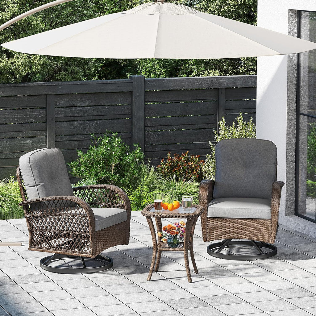 Tangkula 3 Piece Patio Swivel Rocker Set, 2 Outdoor Wicker Rocking Chairs with Tempered Glass Side Table, Outside Gliding Bistro Furniture Set with Thick Cushions for Porch, Yard, Balcony (Gray)