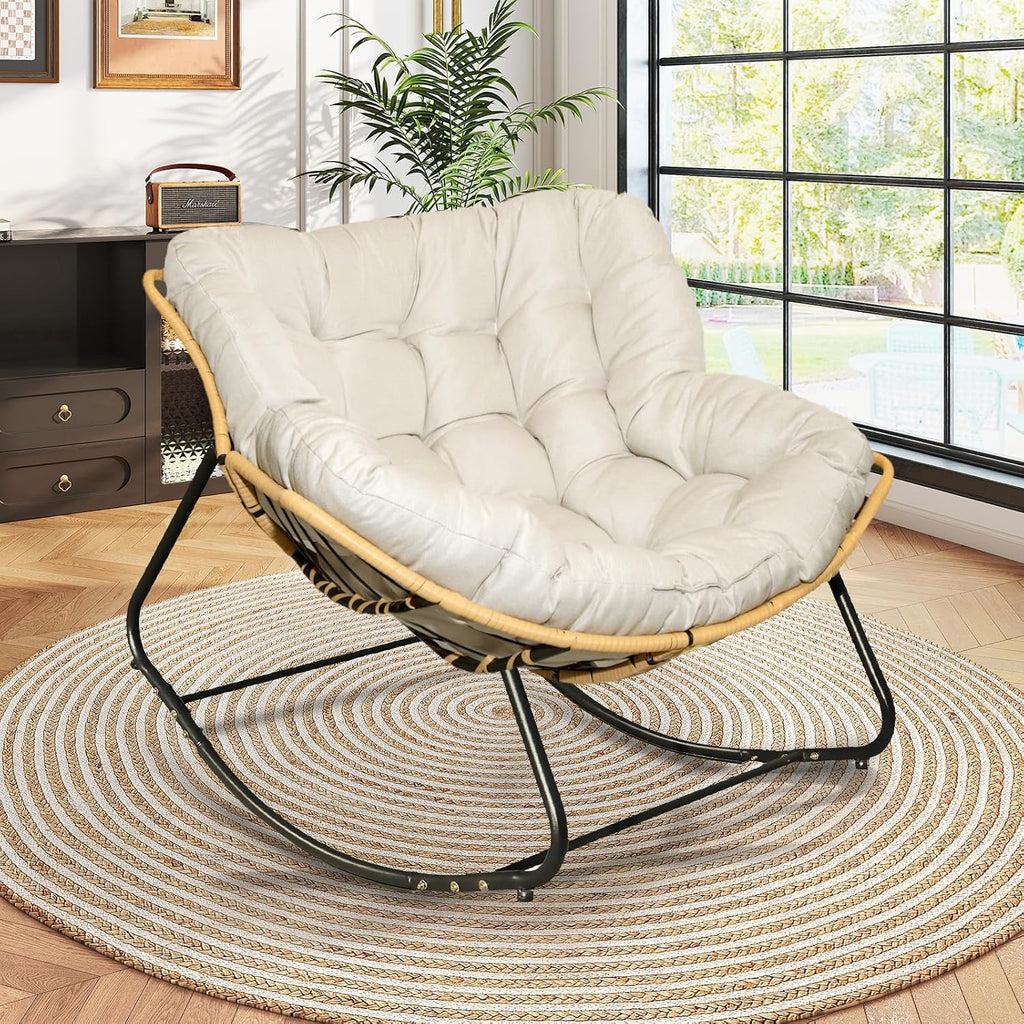 Large Outdoor Indoor Patio Rocking Egg Chair Set of 2, Oversized Papasan Chair Rocker with Cushion and Frame, Comfy Rattan Wicker Lounge Chair Outdoor Furniture for Porch Patio Garden Backyard, Beige