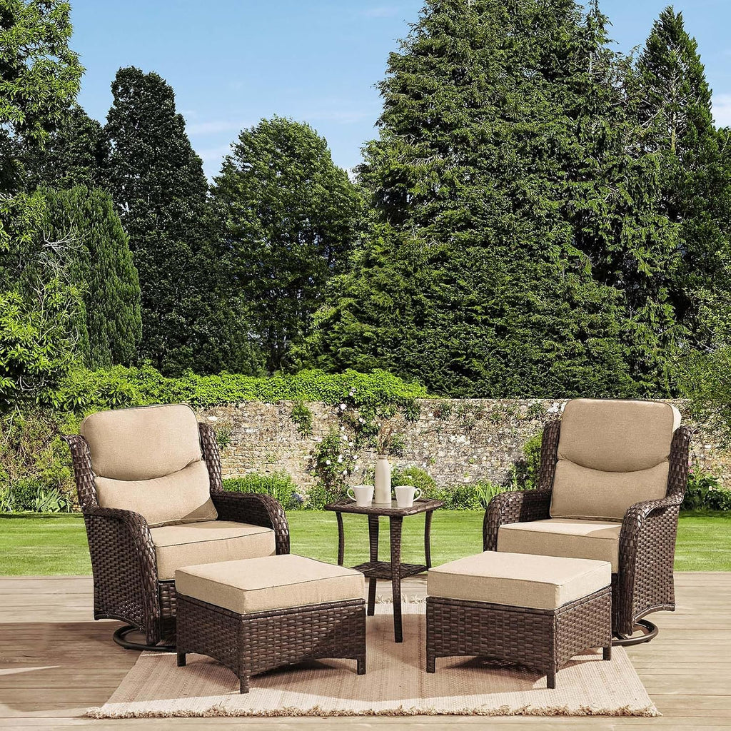 HILLGA Luxury Outdoor Swivel Rocker Patio Chairs of 2 with 6 Inch Thick Cushions and Side Table, Swivel Outdoor Chairs 5PCS High Back Wicker Patio Furniture Set for Porch, Balcony, Deck in Beige