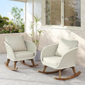 Merax Set of 2 Outdoor Rocking Chairs, Durable Solid Wood Frame + Wicker Backrests + Soft Polyester Cushions, Contemporary Minimalist Chair for Patio Balcony or Living Room, Beige
