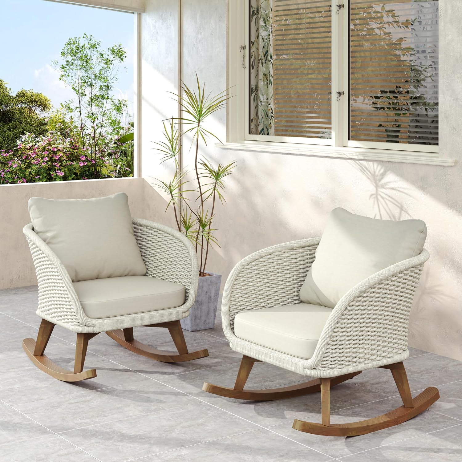Merax Set of 2 Outdoor Rocking Chairs, Durable Solid Wood Frame + Wicker Backrests + Soft Polyester Cushions, Contemporary Minimalist Chair for Patio Balcony or Living Room, Beige