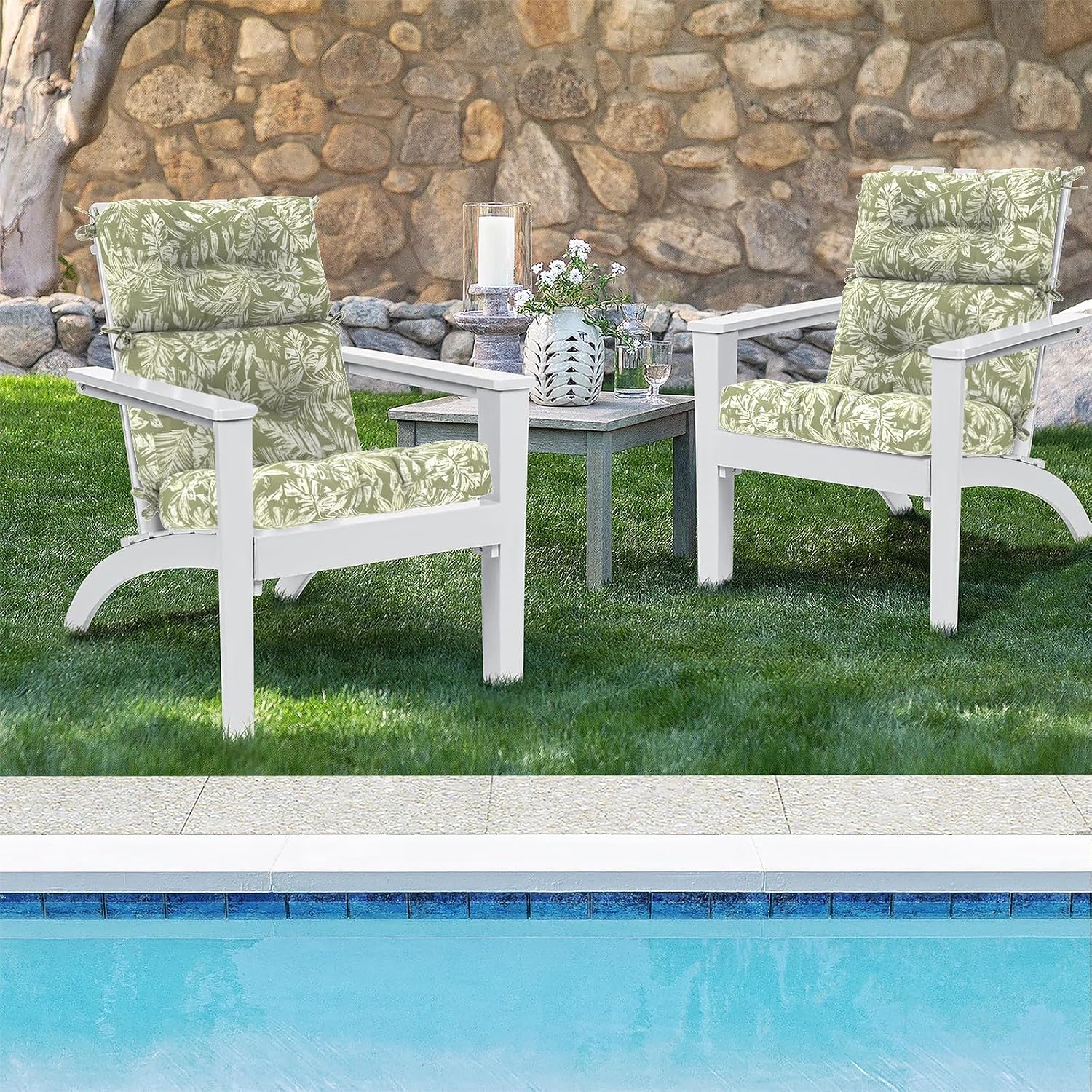 DYTXIII Outdoor High Back Chair Cushions Set of 2, Water Repellent Tufted Rocking Seat Cushions Replacement 44 x 22 Inch, Seat & Back Chair Pads for Patio, Balcony and Indoor Use -Tropical Leaf Green