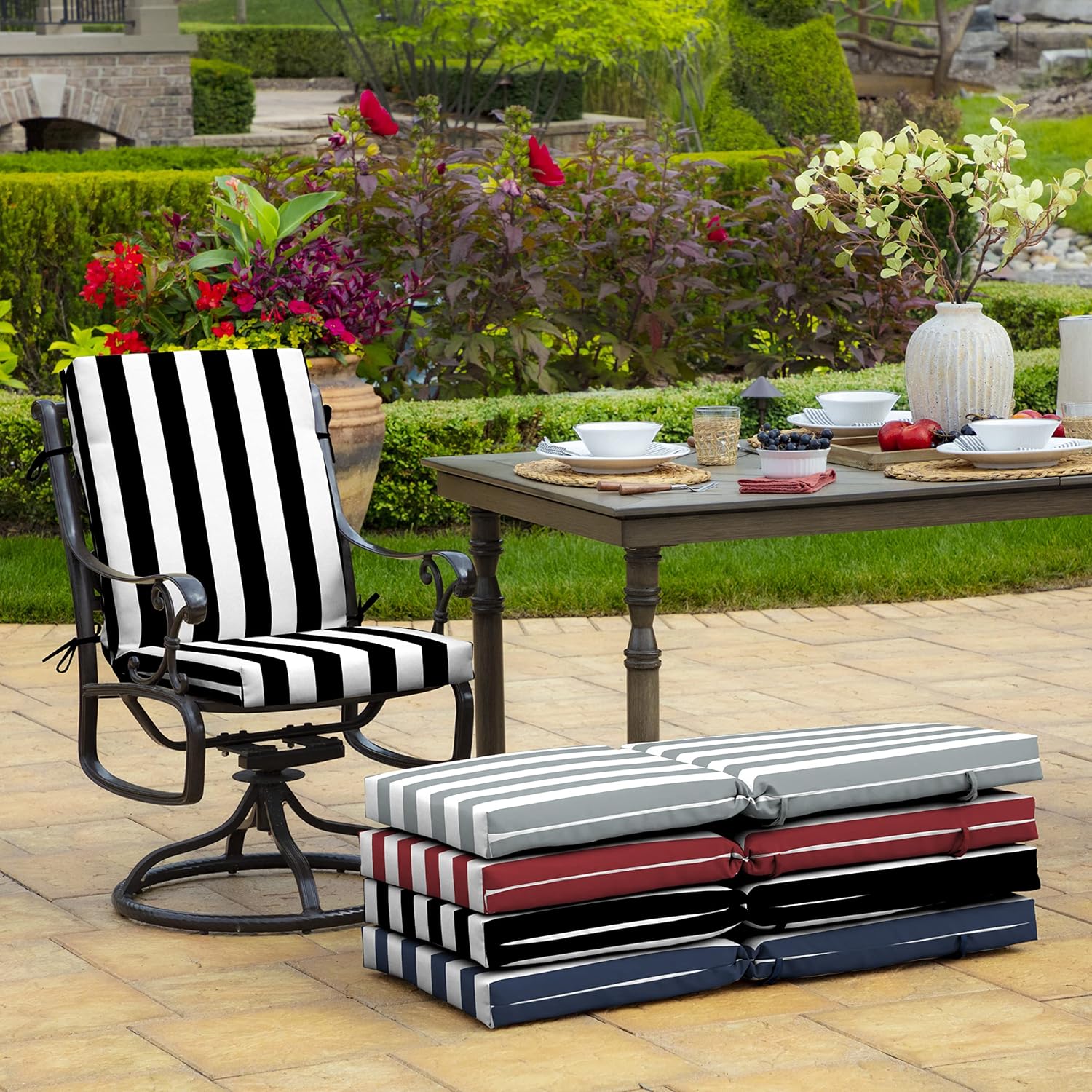 Arden 4-Pack Outdoor Patio Dining Chair Cushion, 20x44, Rain-Proof Seat Pad, Fade-Resistant Outdoor Cushion Black Cabana Stripe