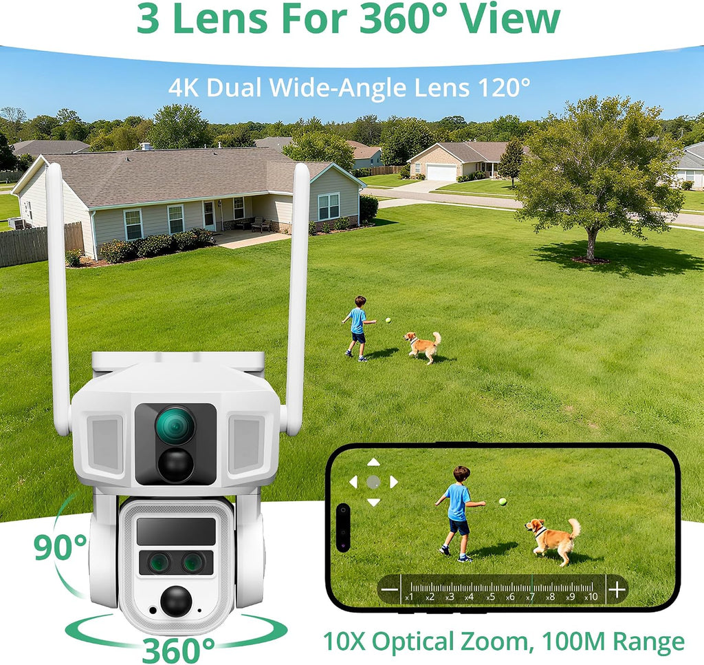 Dragon Touch 4G Cellular Security Camera 4K, Wireless Solar Outdoor Camera Triple Lens Bullet-PTZ Cam, 4G or WiFi, 10x Optical Zoom, 360° View, AI Tracking, with SIM Card, Local Storage