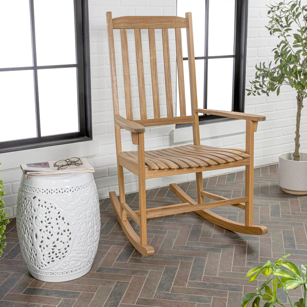 JONATHAN Y RCK300A Seagrove Farmhouse Classic Slat-Back 350-LBS Support Acacia Wood Outdoor Rocking Chair Traditional, Coastal, Cottage, Vintage, Shabby Chic, Teak Brown