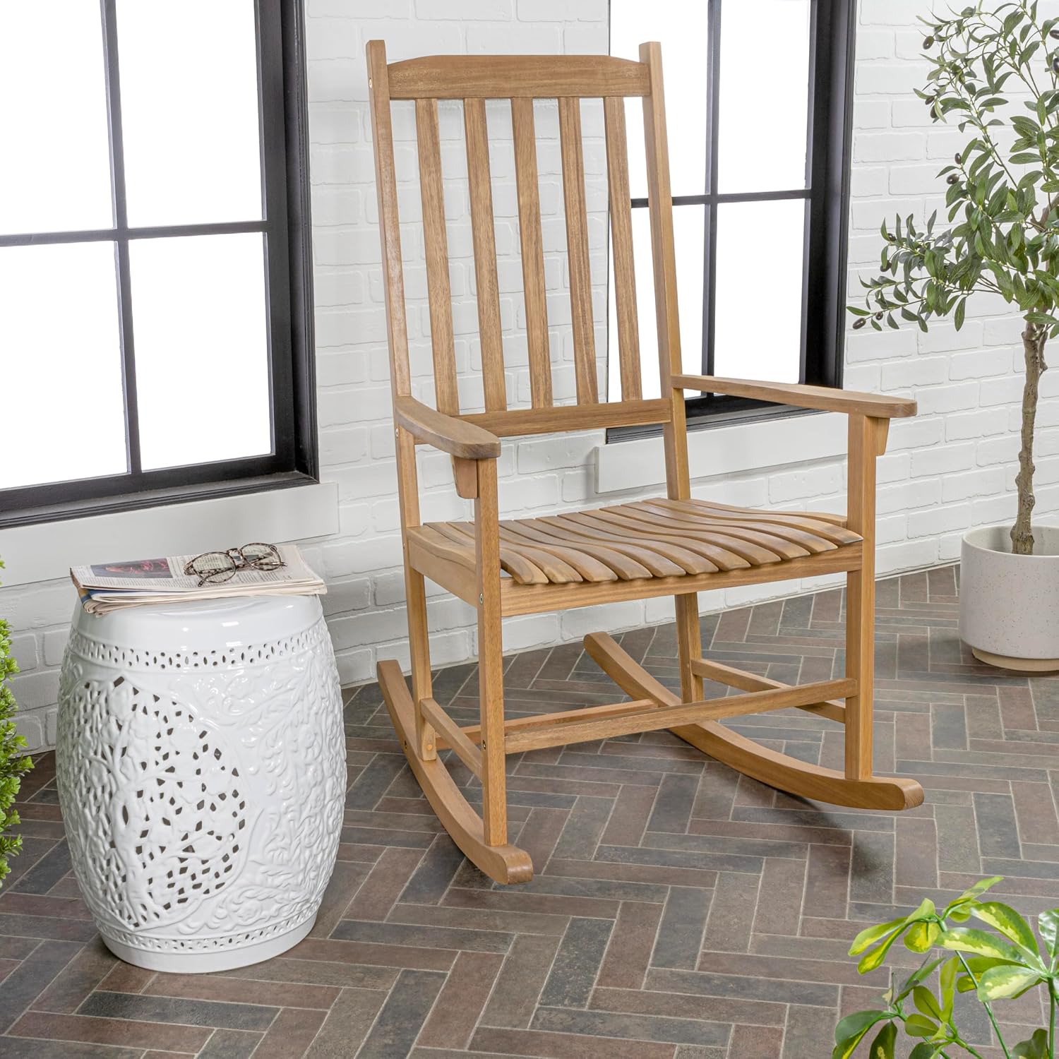 JONATHAN Y RCK300A Seagrove Farmhouse Classic Slat-Back 350-LBS Support Acacia Wood Outdoor Rocking Chair Traditional, Coastal, Cottage, Vintage, Shabby Chic, Teak Brown