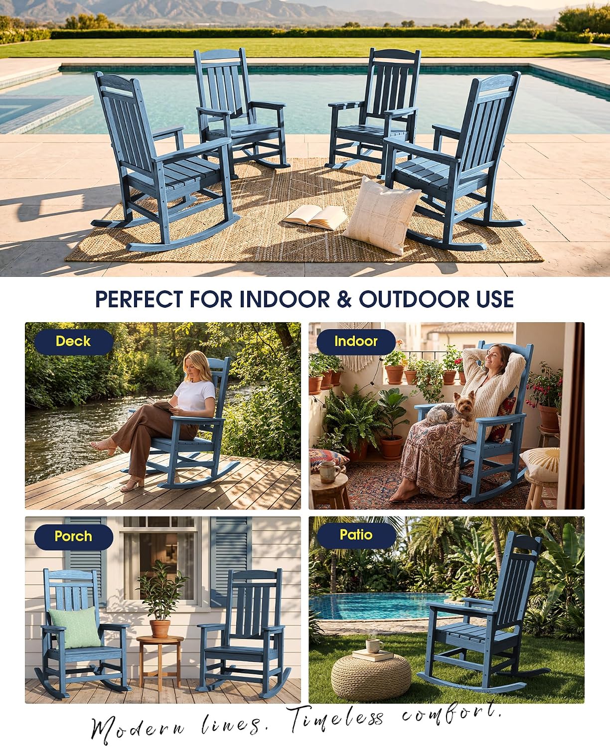 KINGYES Oversized Outdoor Rocking Chair with Cushion, All-Weather Patio Rocking Chairs, HDPE Porch Rocker for Adults, 350 lbs Capacity, Blue Chair with Beige Cushion