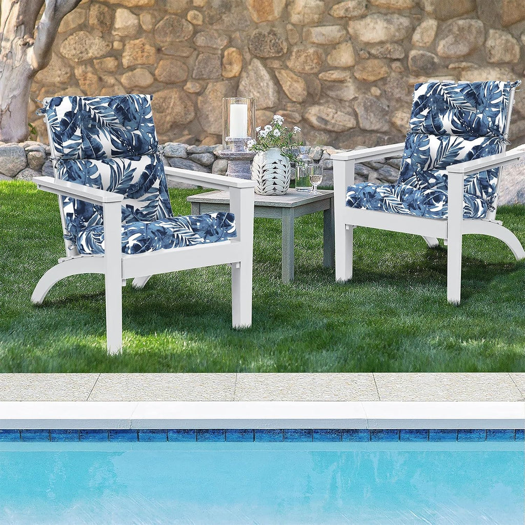 DYTXIII Outdoor High Back Chair Cushions Set of 2, Water Repellent Tufted Rocking Seat Cushions Replacement 44 x 22 Inch, Seat & Back Chair Pads for Patio, Balcony and Indoor Use -Palm Blue