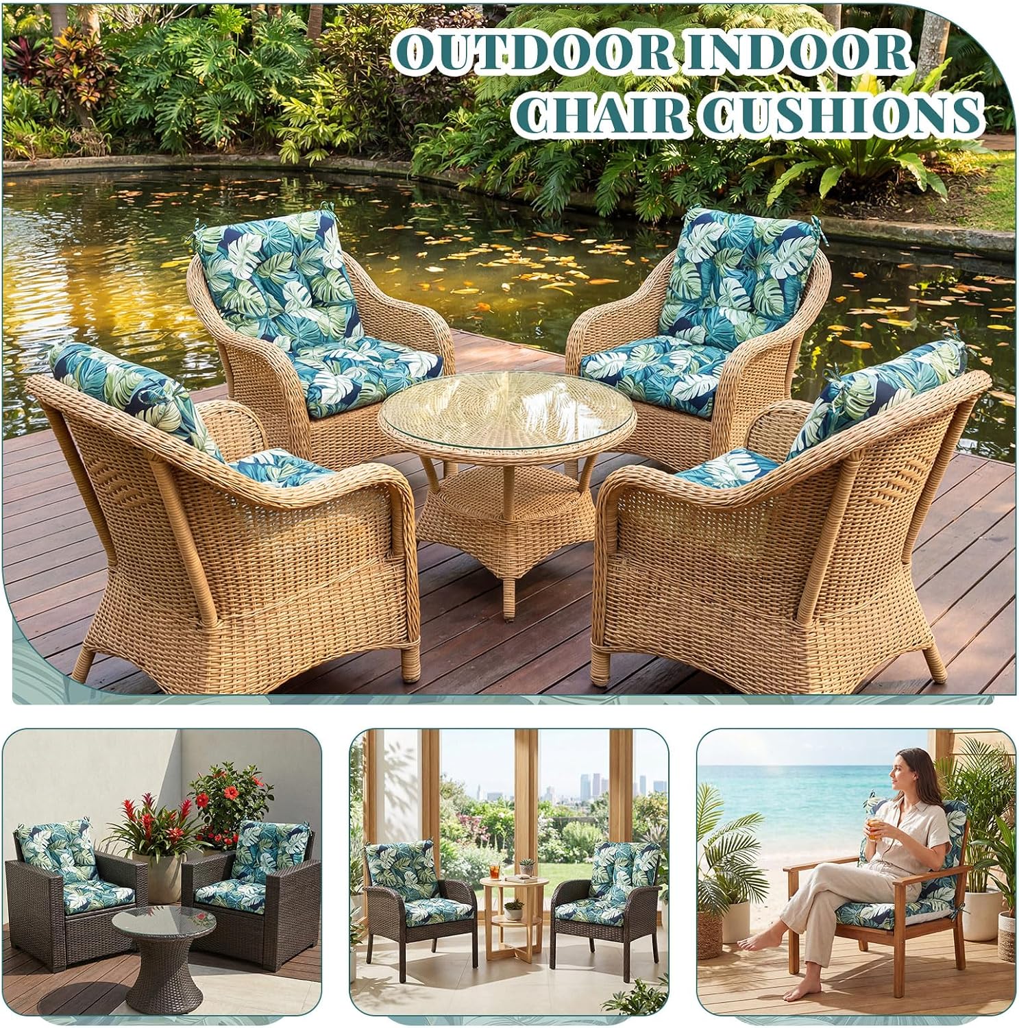 Marsui 4 Pcs Outdoor Indoor High Back Chair Cushions Patio Furniture Tufted Pillow with Ties Water-Resistant Replacement Outdoor Rocking Chair Cushions, 42 x 21 Inches (Green,Leaves)