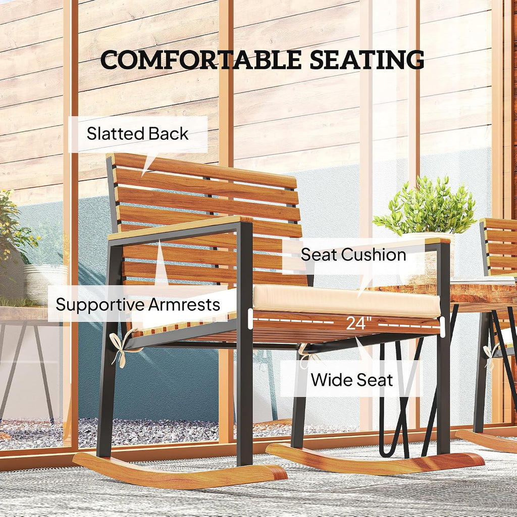Outsunny Outdoor Rocking Chair Set of 2, Acacia Wood Outdoor Rockers with Armrests, Cushion, Patio Wooden Rocking Chair Set for Garden, Balcony, Porch, 353 lbs. Capacity, Cream White