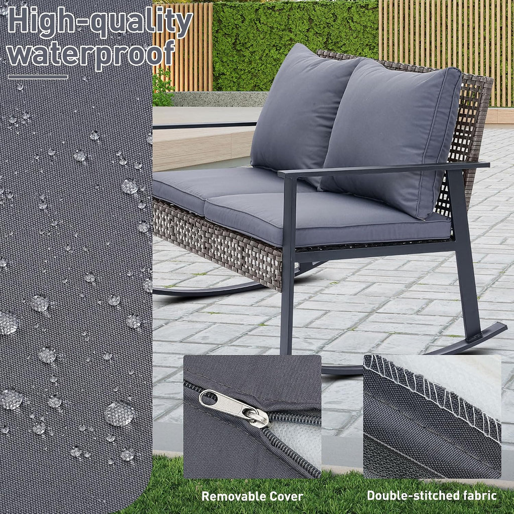GDY Outdoor Wicker Loveseat Rocking Chair, Patio Outdoor Furniture Conversation Sets, Rattan Rocker Chair with Cushions, Modern Cozy Rocking Wicker Furniture for Garden, Porch, Poolside & Deck, Grey.