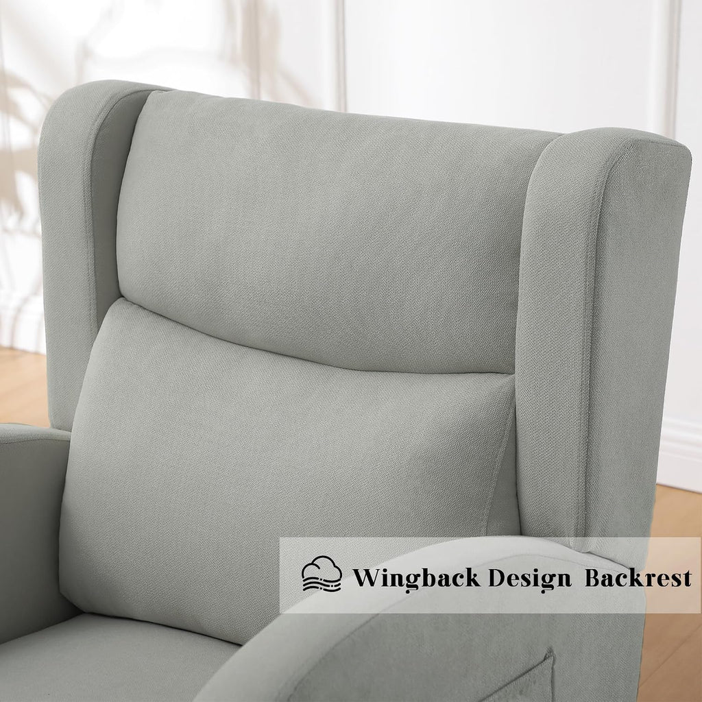 Nursery Rocking Chairs, Upholstered Rocking Chairs Glider Rocker for Living Room,Bedroom, Comfy Linen Glider Rocker Nursing Chair Wingback with Side Pocket for Nursing Adult Light Grey