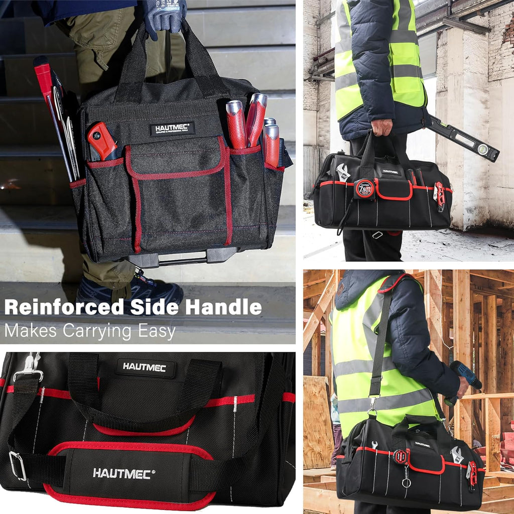 HAUTMEC 2-Piece Rolling Tool Bag Set, 15' Wheeled Tool Bag & Wide Mouth Tool Tote, Heavy-Duty Tool Storage Organizer with Durable Off-Road Wheel, Steel Telescoping Handle & Shoulder Strap – HT0288