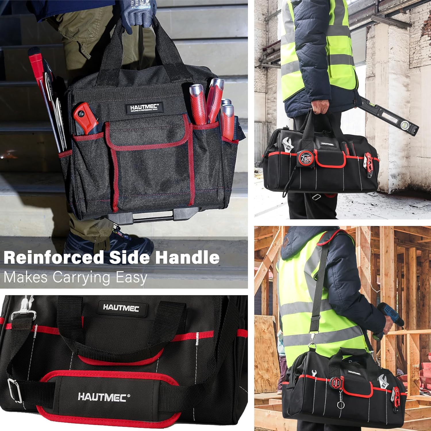 HAUTMEC 2-Piece Rolling Tool Bag Set, 15' Wheeled Tool Bag & Wide Mouth Tool Tote, Heavy-Duty Tool Storage Organizer with Durable Off-Road Wheel, Steel Telescoping Handle & Shoulder Strap – HT0288