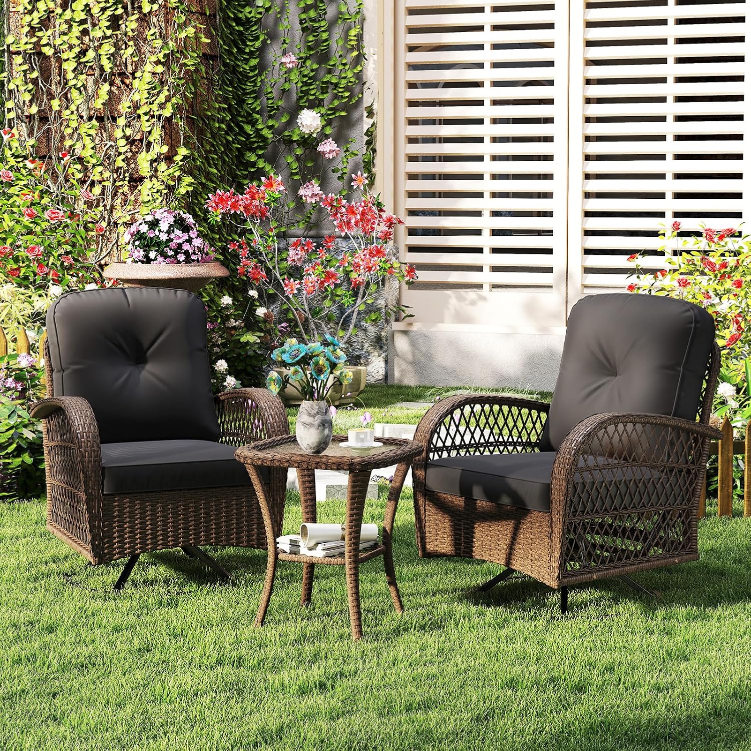 Tangkula 3 Piece Patio Swivel Rocker Set, 2 Outdoor Wicker Rocking Chairs with Tempered Glass Side Table, Outside Gliding Bistro Furniture Set with Thick Cushions for Porch, Yard, Balcony (Black)