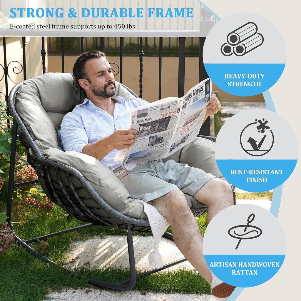 Rocking Chair Outdoor, Oversized Papasan Rocking Chair Indoor with 6' Thick Padded Cushion, Comfy Rattan Rocker Egg Chair for Patio, Backyard, Garden, Balcony, Lawn, Up To 450lbs, Light Gray