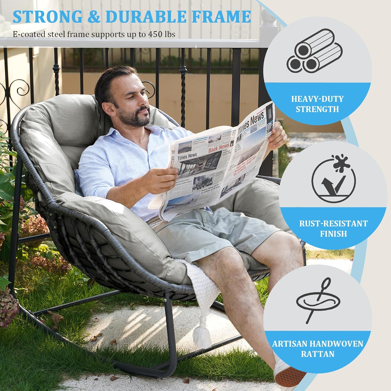 Rocking Chair Outdoor, Oversized Papasan Rocking Chair Indoor with 6' Thick Padded Cushion, Comfy Rattan Rocker Egg Chair for Patio, Backyard, Garden, Balcony, Lawn, Up To 450lbs, Light Gray