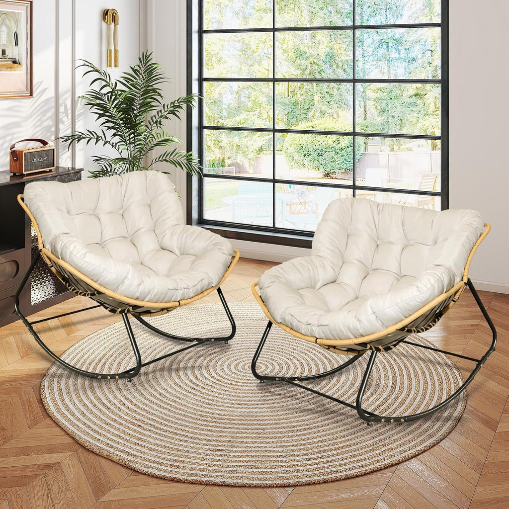 Large Outdoor Indoor Patio Rocking Egg Chair Set of 2, Oversized Papasan Chair Rocker with Cushion and Frame, Comfy Rattan Wicker Lounge Chair Outdoor Furniture for Porch Patio Garden Backyard, Beige