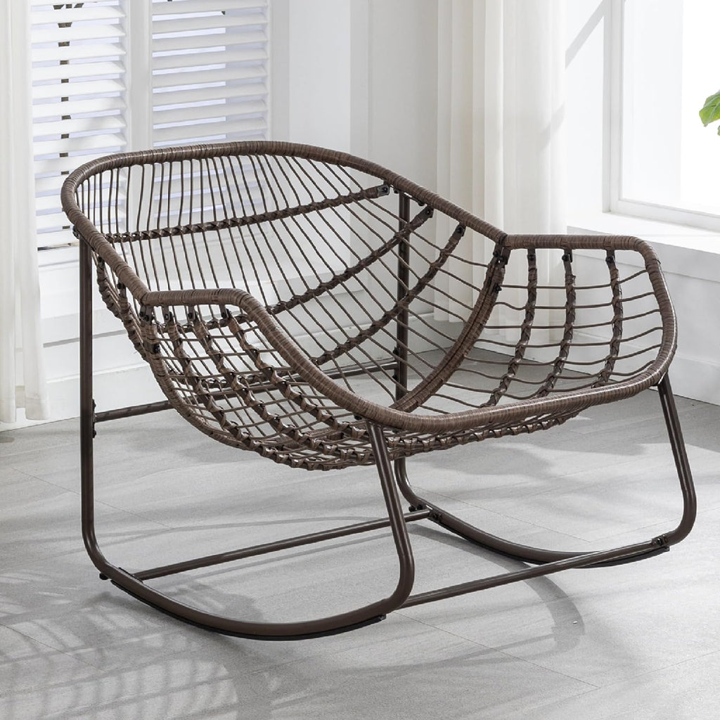 KEIKI Oversized Patio Lounge Chair-Outdoor Rattan Egg Reading Chair, Indoor Padded Cushion Papasan Rocking Chair W/Steel Frame, Porch Rocker Chairs Furniture for Garden Lawn, Grey Velvet