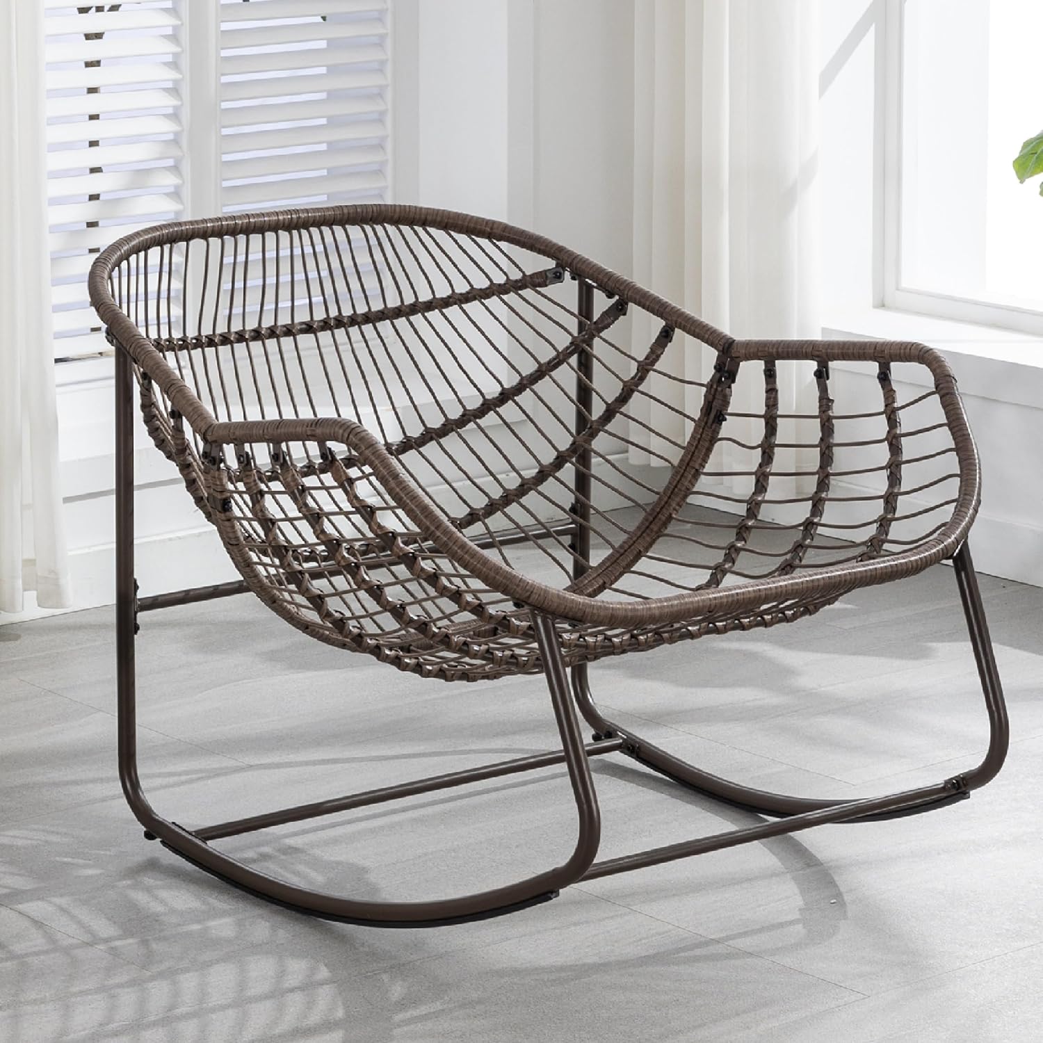 KEIKI Oversized Patio Lounge Chair-Outdoor Rattan Egg Reading Chair, Indoor Padded Cushion Papasan Rocking Chair W/Steel Frame, Porch Rocker Chairs Furniture for Garden Lawn, Grey Velvet