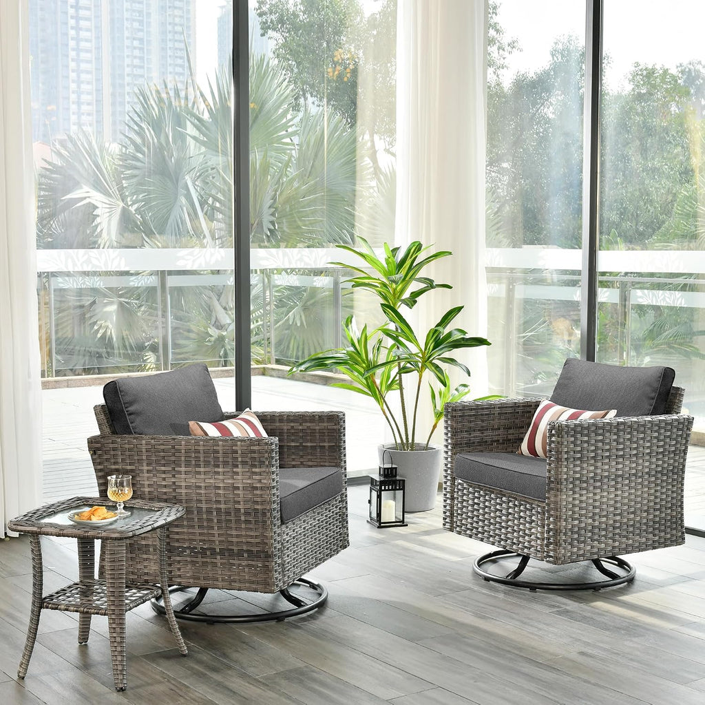 ovios 3 Pieces Patio Swivel Chairs with Side Table, Outdoor Wicker Rocking Chairs of 2 with Comfy Cushions, Rattan Glider Rocker Bistro Set for Porch Deck, Black