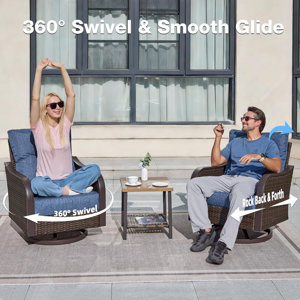 Outdoor Swivel Rocker Chairs, Wicker Swivel Rocking Chairs with 6'' Thick Cushions and Side Coffee Table, 3 Piece Patio Furniture Set for Balcony, Porch, Deck, Poolside, Navy Blue