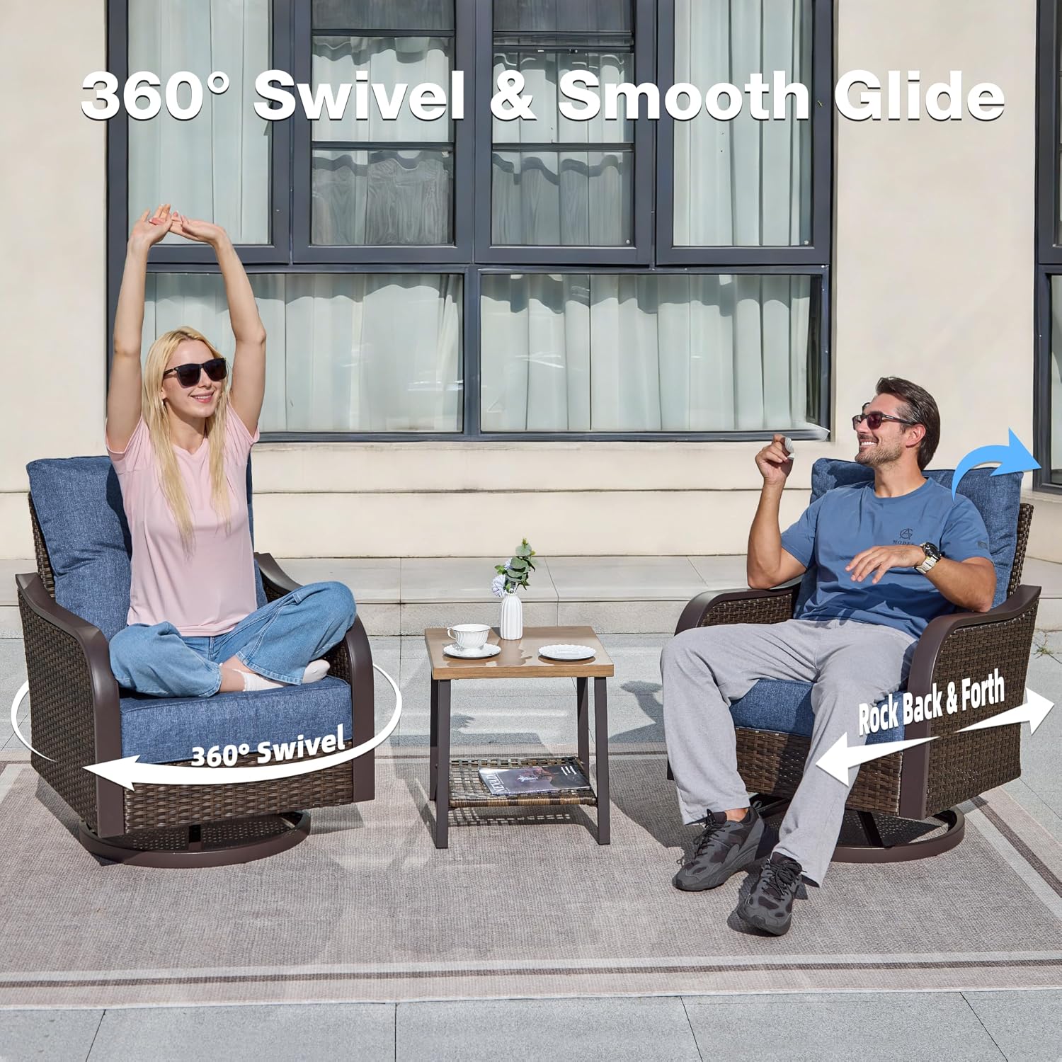Outdoor Swivel Rocker Chairs, Wicker Swivel Rocking Chairs with 6'' Thick Cushions and Side Coffee Table, 3 Piece Patio Furniture Set for Balcony, Porch, Deck, Poolside, Navy Blue