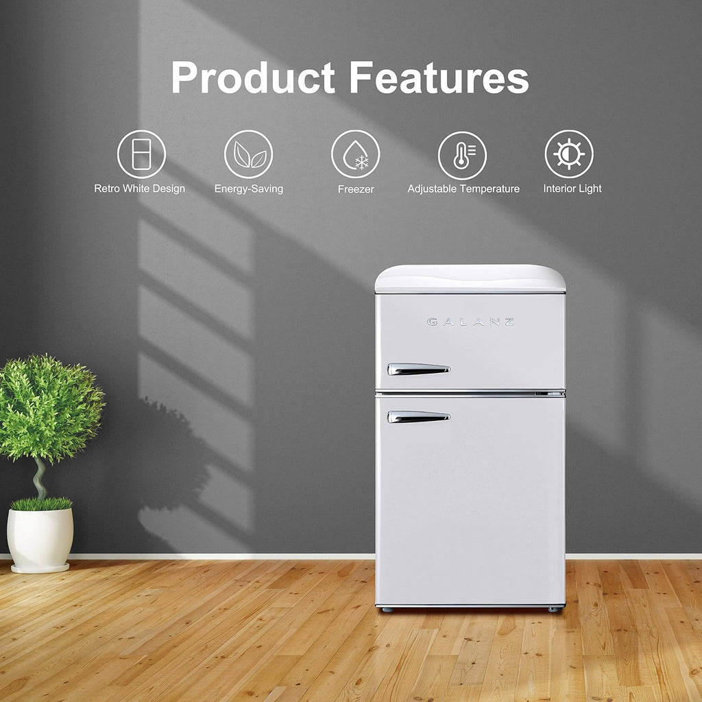 Galanz GLR31TWEER Retro Compact Refrigerator, Mini Fridge with Dual Doors, Adjustable Mechanical Thermostat with Freezer, White, 3.1 Cu FT
