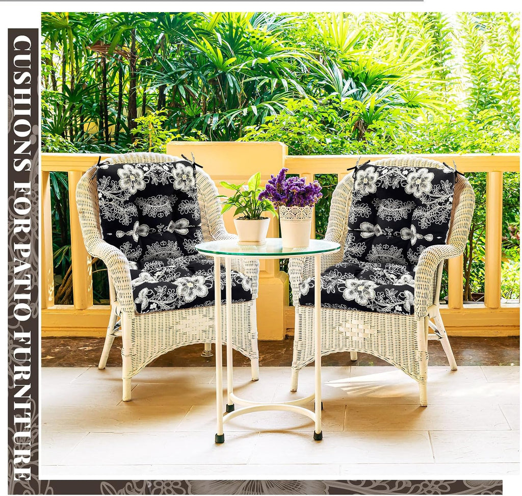 Marsui 4 Pcs Outdoor Indoor High Back Chair Cushions Patio Furniture Tufted Pillow with Ties Water-Resistant Replacement Outdoor Rocking Chair Cushions, 42 x 21 Inches (Black,Flower)