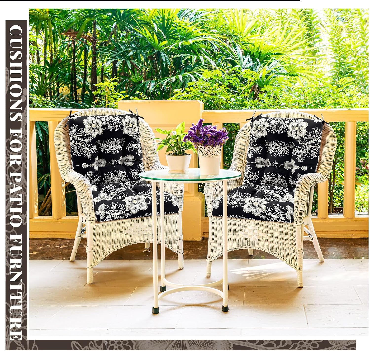 Marsui 4 Pcs Outdoor Indoor High Back Chair Cushions Patio Furniture Tufted Pillow with Ties Water-Resistant Replacement Outdoor Rocking Chair Cushions, 42 x 21 Inches (Black,Flower)
