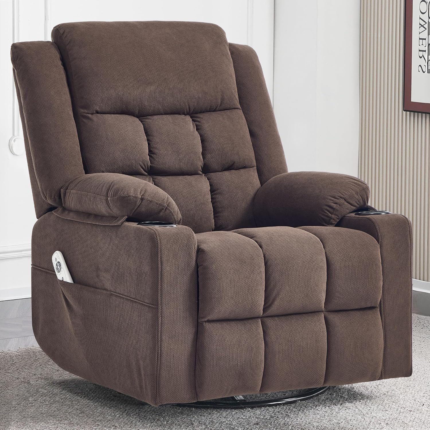 Ketaiyou Swivel Rocker Recliner Chair for Adults with Massage and Heat, Cup Holders and Side Pockets, Glider Rocking Reclining Single Sofa Chair for Living Room (Cocoa)