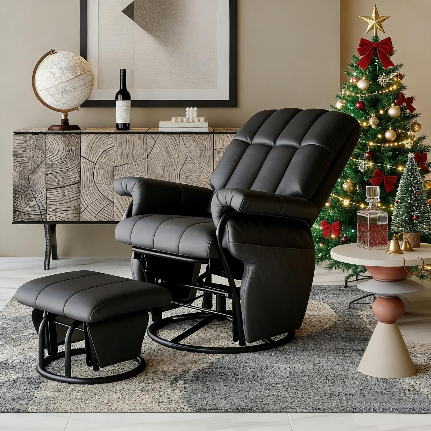AODAILIHB 360° Swivel Glider Recliner with Ottoman, Nursing Glider Rocking Chair with Foot Rest & 2 Side Pockets for Nursery, Living Room, Bedroom, Office, Black