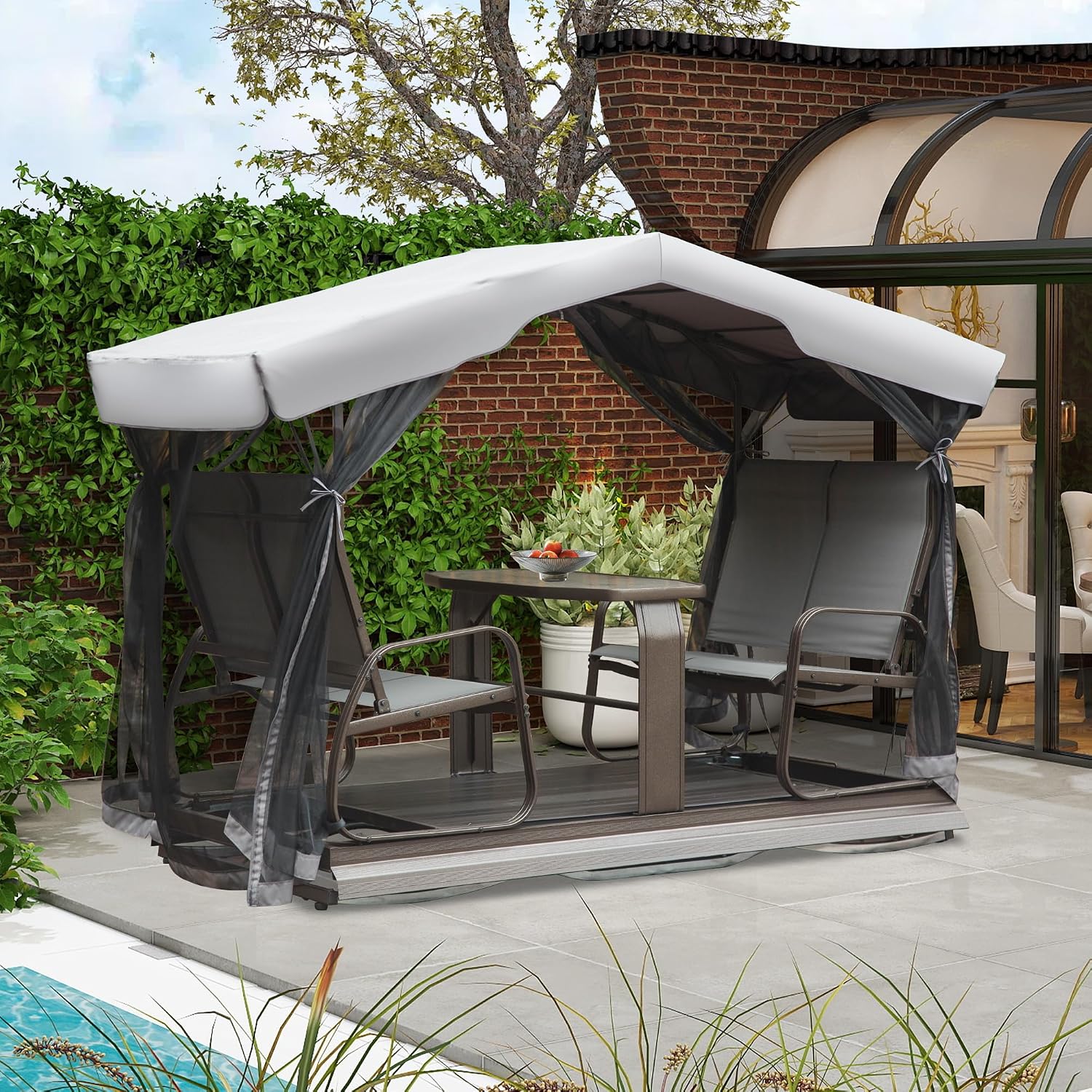 Domi 4-Seat Outdoor Glider Bench with Canopy, 800lbs Capacity Aluminum Rocking Chair with Zippered Mesh & Tempered Glass Table, Heavy Duty Outdoor Swing Chair for Patio, Backyard, Poolside