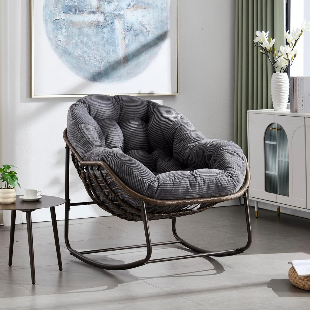 KEIKI Oversized Patio Lounge Chair-Outdoor Rattan Egg Reading Chair, Indoor Padded Cushion Papasan Rocking Chair W/Steel Frame, Porch Rocker Chairs Furniture for Garden Lawn, Grey Velvet