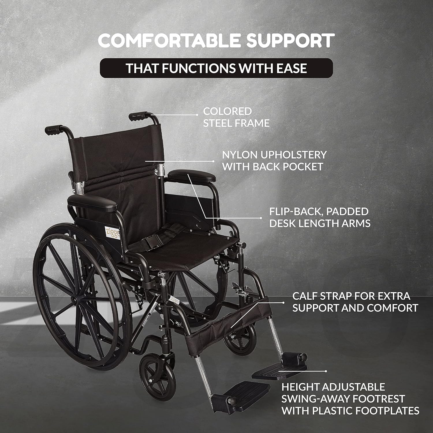 Ziggo 18' Seat Width Pediatric Wheelchair for Kids & Children, Lightweight, Manual Folding Wheelchair w/Safety Belt, Swing-Away Foot Support w/Straps, Desk Length Arm Rests