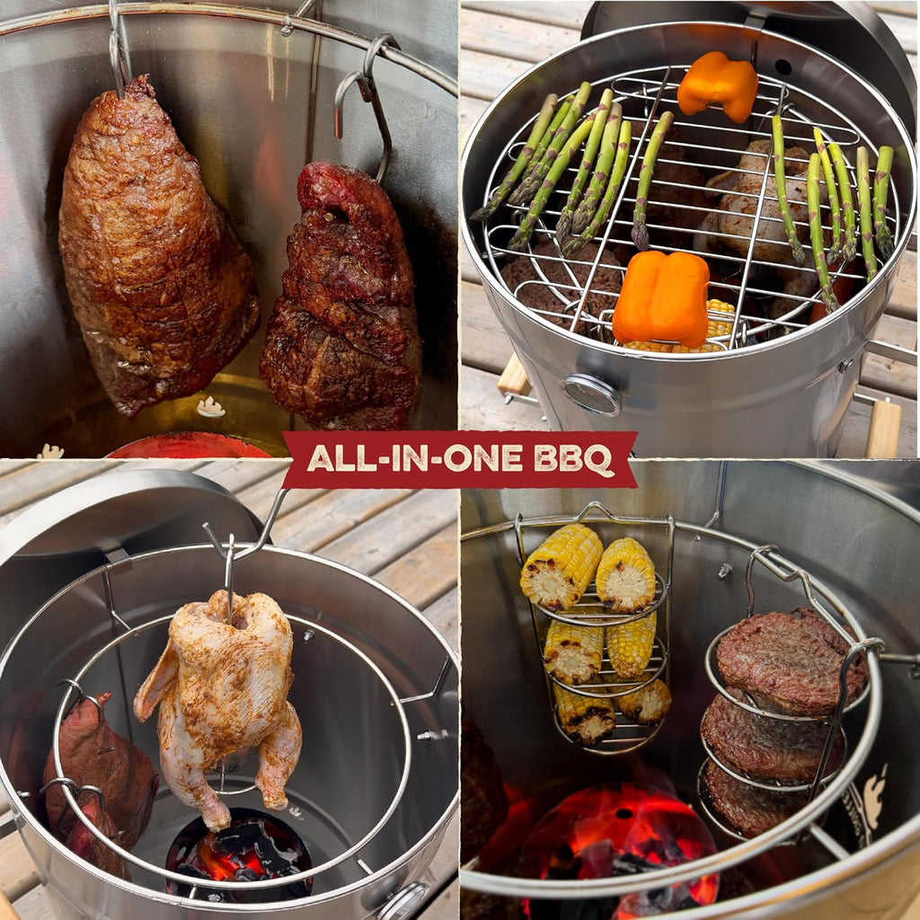 Barrel Smoker Grill Combo | 100% 304 Stainless Steel Barrel | 95% Less Smoke, Even Heat | Easy to Use & Clean – Vertical Smoker Ideal for Balconies and Backyards (MEDIUM-25 LBS)