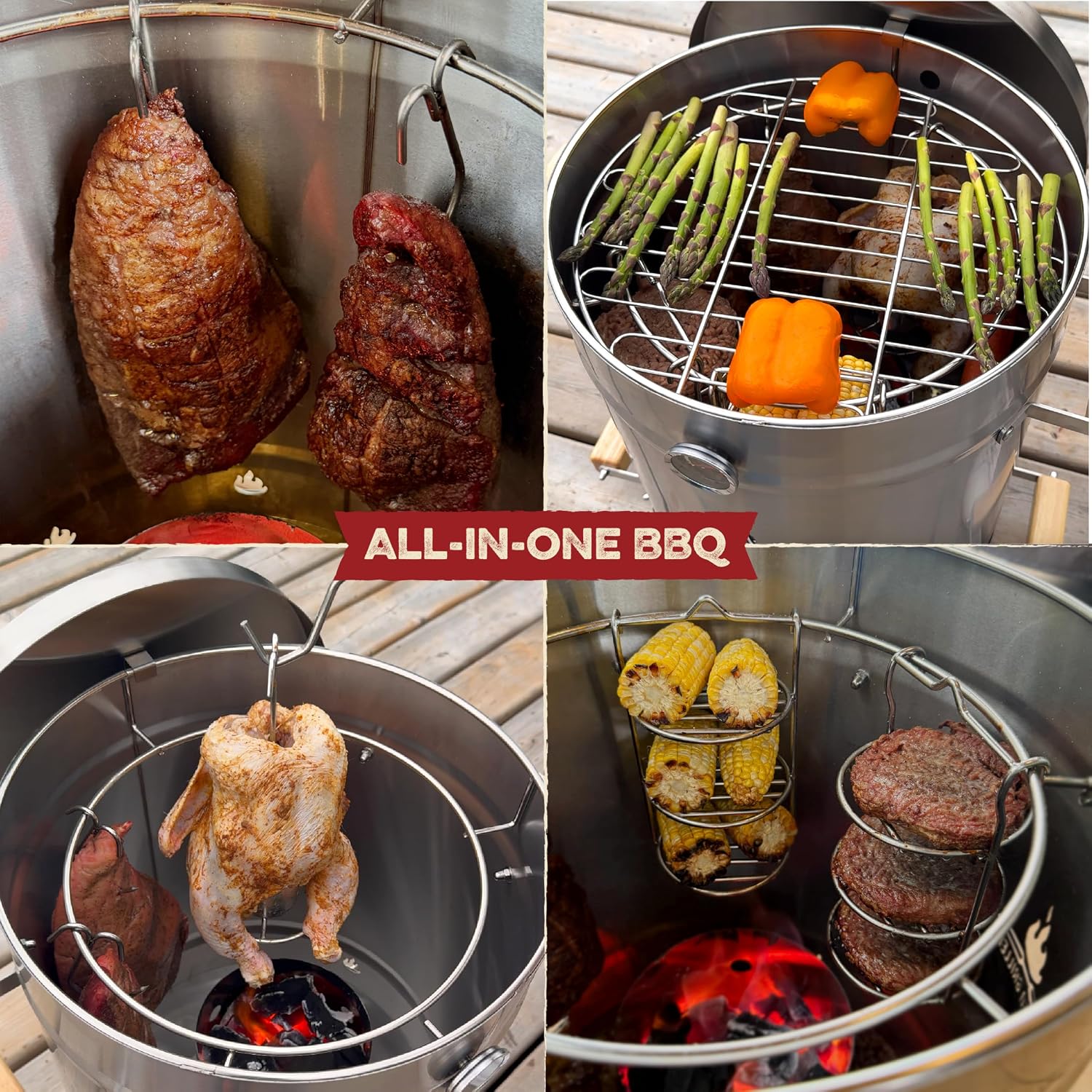 Barrel Smoker Grill Combo | 100% 304 Stainless Steel Barrel | 95% Less Smoke, Even Heat | Easy to Use & Clean – Vertical Smoker Ideal for Balconies and Backyards (LARGE-35 LBS)